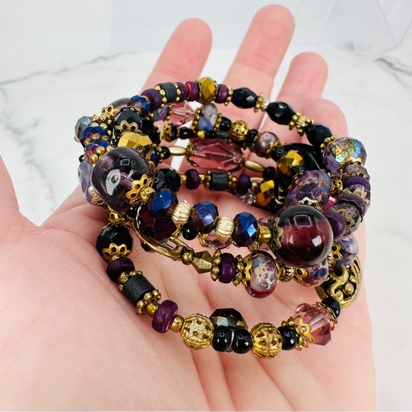 Glass & Stone Wrap Bracelet Faceted Aurora Borealis Beads Purple Black Gold Glam - Picture 8 of 9